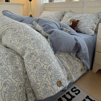 Cotton Raw Linen Four-Piece Set Floral Retro Button Style Pure Cotton Fitted Sheet Single Quilt Cover Dormitory Three-Piece Bedding Set