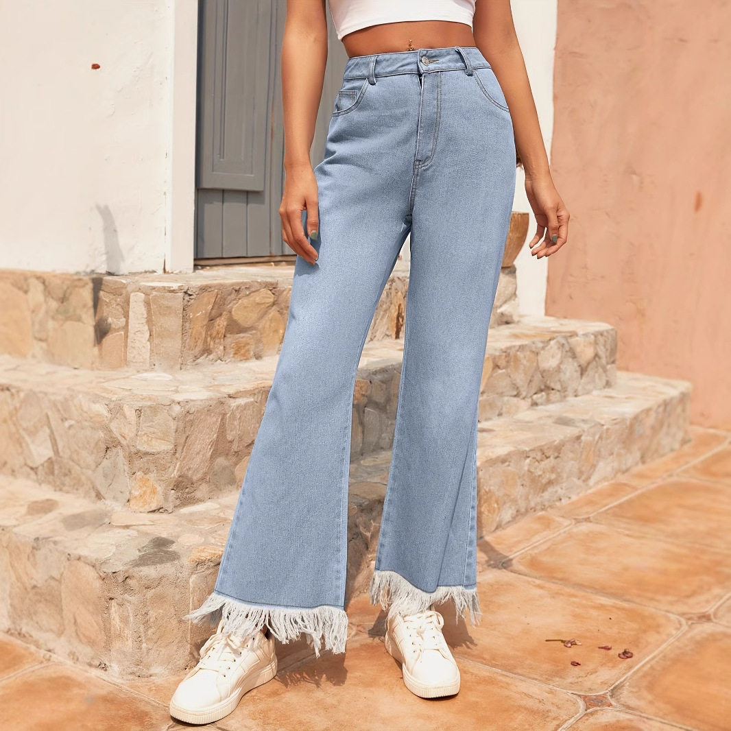 Womens Straight Leg Casual Jeans Versatile Flared Hem Distressed Finish Comfortable Fit Perfect for Everyday Wear