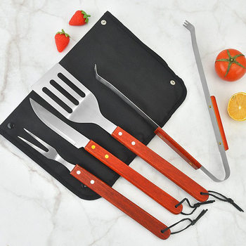 Customized Cloth Bag Apron Barbecue Four-Piece Set Red Long Wooden Handle Barbecue Knife and Fork Barbecue Tongs Food Clip Set