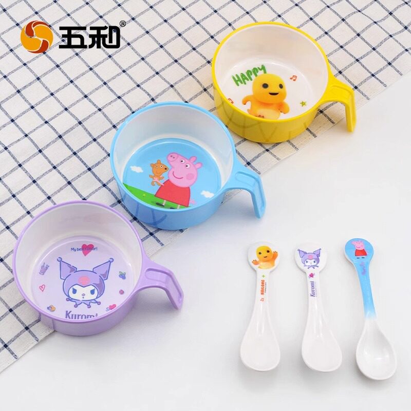 Wuhe Children's Bowl Household with Handle Bowl Baby Food Bowl Drop-resistant Anti-scalding Baby Tableware Student Dining Bowl Spoon