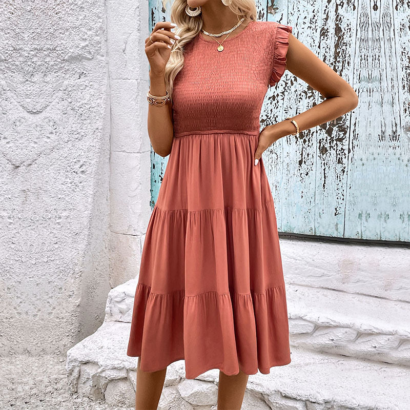 Summer Casual Ruffle Hem Dress Slim Fit Solid Color Lightweight Fabric Vacation or Everyday Wear Wholesale Available