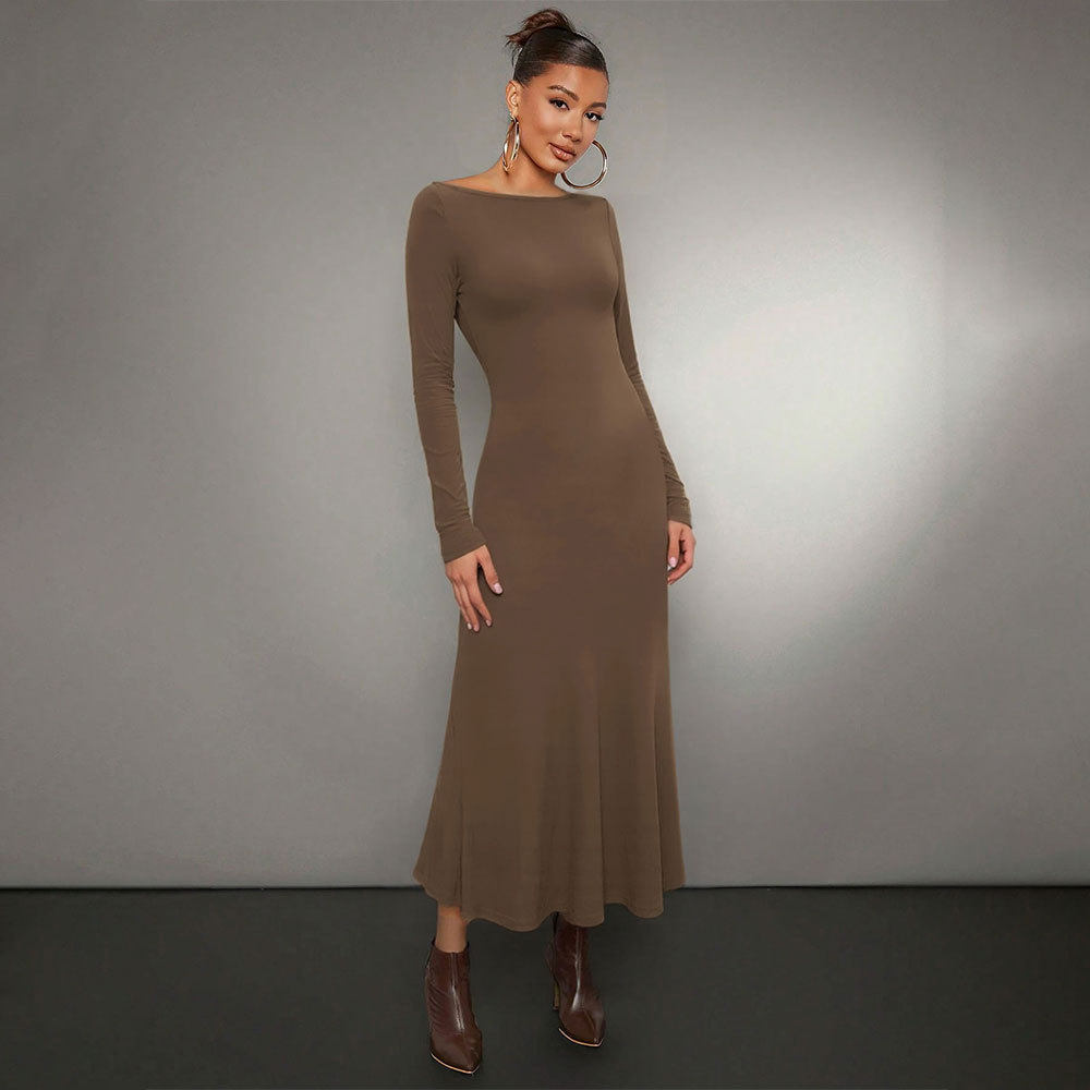 Solid Color Long Sleeve Bodycon Dress Mermaid Hem Off Shoulder Neckline Mid Length Perfect for Parties and Events