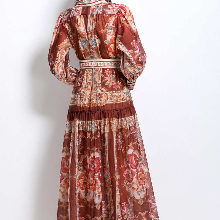 Vintage Floral Print Lantern Sleeve Waist Defined Midi Dress for Women Elegant Slim Fit Classic Style Perfect for