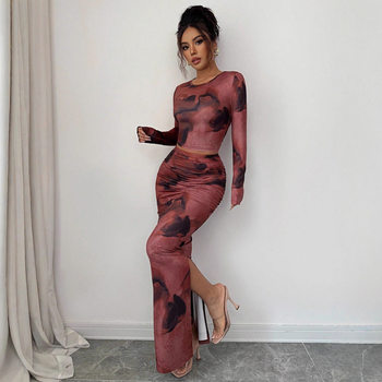 European and American Cross-Border Amazon 2026 Spring New 2-Piece Set of Women's Tie-Dye Pattern Long-Sleeved T-Shirt Tight Long Skirt Suit