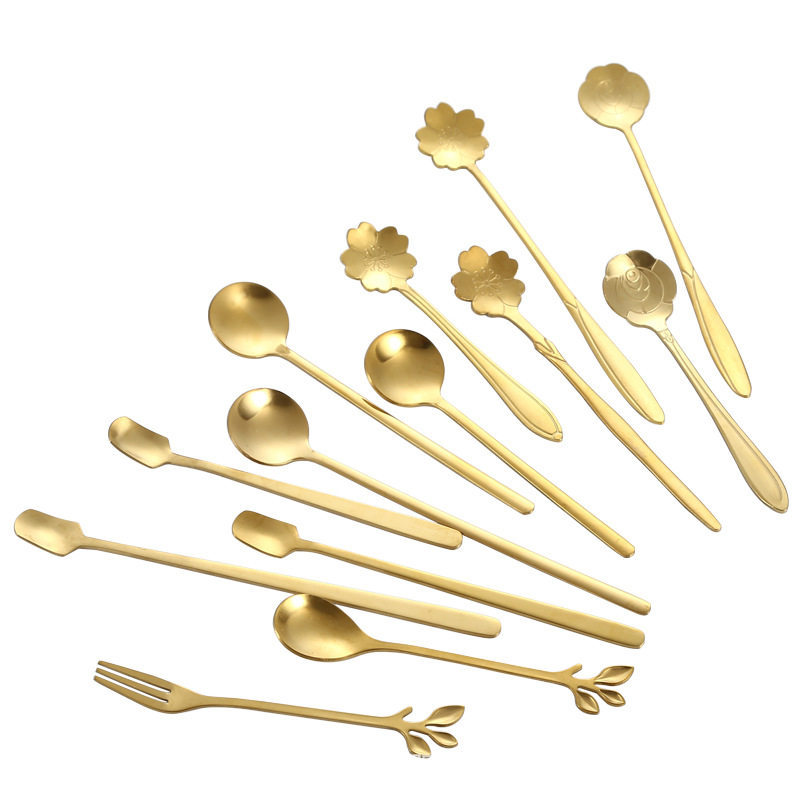 Stainless Steel Long Handle Sakura Spoon Golden Rose Spoon Accompanying Ceremony ins Tremella Spoon Stirring Square Head Spoon Leaf Spoon