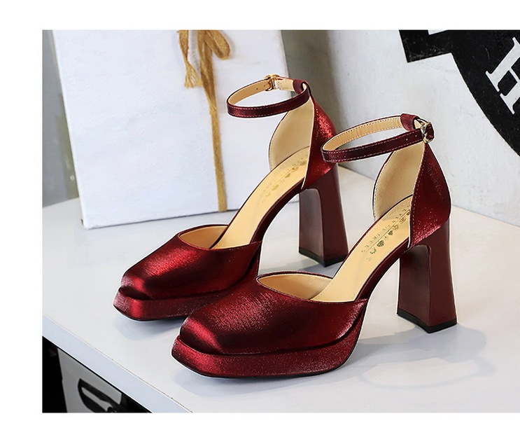 Sandal cao gót nữ quai ngang mũi vuông đế xuồng mặt satin — Màu đen, Màu đỏ rượu, Màu sâm panh, Màu trắng