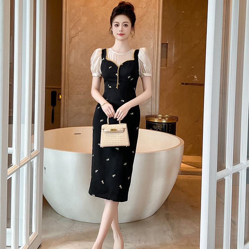 Đầm ôm body nữ cổ tròn tay bồng phong cách Pháp — [Đen] chi tiết 1