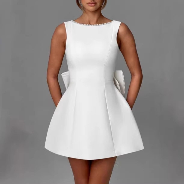 Summer Womens A Line Dress Pearl Bow Detail Slim Fit Backless Design Stylish Casual Wear for Parties Wholesale