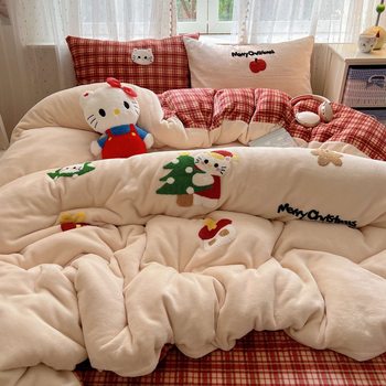 Winter Thickeneded Towel Embroidered Milk Velvet Four-Piece Student Dormitory Cute Cartoon Quilt Cover Warm Bed Bed Sheets Three-Piece Set