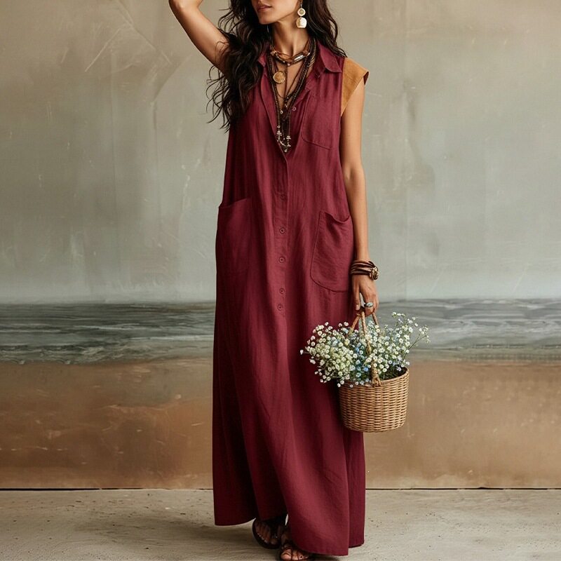 Loose Fit Button Up Long Dress Solid Color French Style Casual Vacation Wear Available for Wholesale