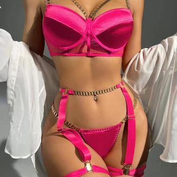 2025 European and American Cross-Border Hot-Selling Stylish and Unique Fashion Metal Chain Sexy Lingerie Three-Piece Set with Allure