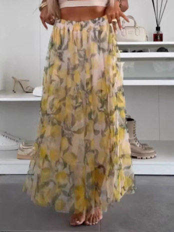 Fashionable High Waisted A Line Mesh Lemon Print Midi Skirt Casual Style for Summer Wholesale Available
