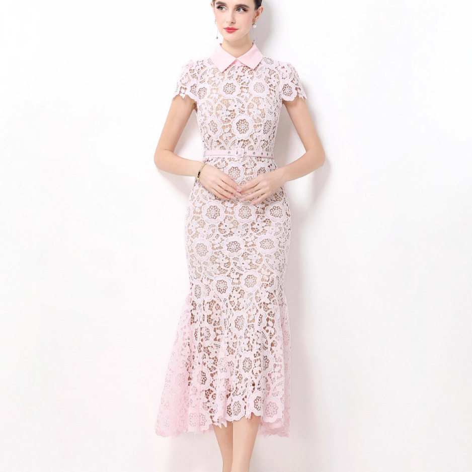 Elegant Lace Midi Dress Flattering Fit Hollow out Design Short Sleeves Perfect for Autumn Events Wholesale Available