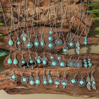 Yunnan Tourism Holiday Style Bohemian Vintage Earrings Necklace suit Turquoise Drop Pendant