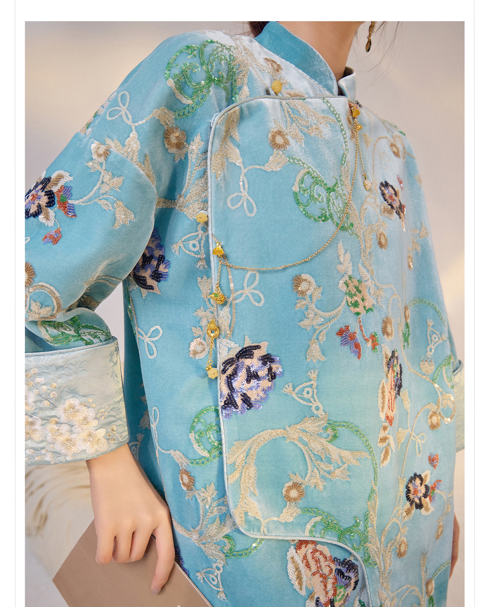 Áo sơ mi nữ dài tay cổ đứng thêu hoa đính sequin chất liệu satin mềm — Tianshuiqing (phát hành cùng ngày), Tianshuiqing (tóc 7 ngày)