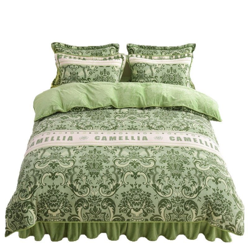 Thickened Milk Velvet Four-Piece Bed Skirt Set Plus Velvet Bed Sheets and Quilt Cover Winter Crystal Velvet Baby Velvet Three-Piece Set Wholesale