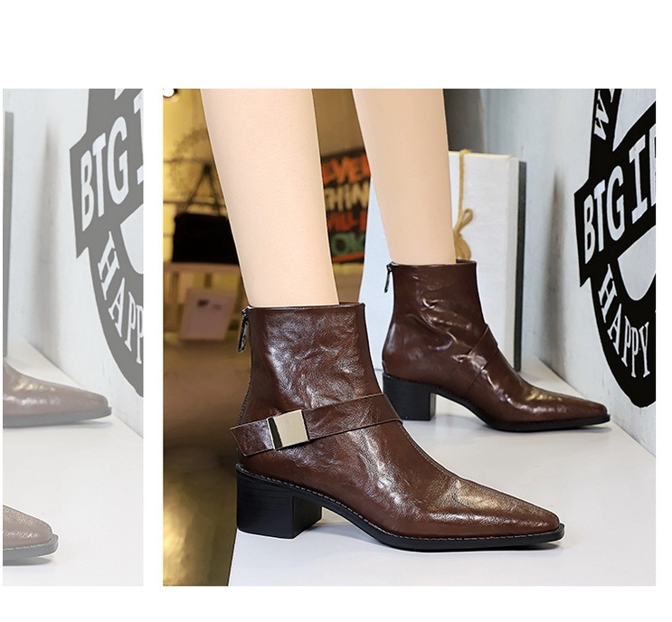 Boot nữ cổ thấp gót vừa mũi nhọn khóa kim loại phong cách Âu Mỹ — Lớp lót nhung đen, Lớp lót nhung màu nâu sẫm, Màu đen, Màu nâu đậm