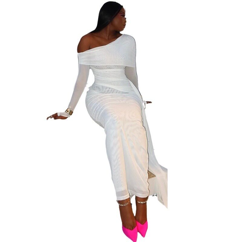Elegant Womens Dress Solid Color Off Shoulder Long Sleeve Mesh Panel Fashionable for Parties or Casual Events