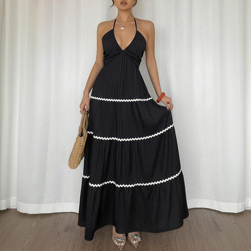 Color Block V Neck Halter Dress Sexy Cake Skirt Design Perfect for Vacations and Summer Events Wholesale Available