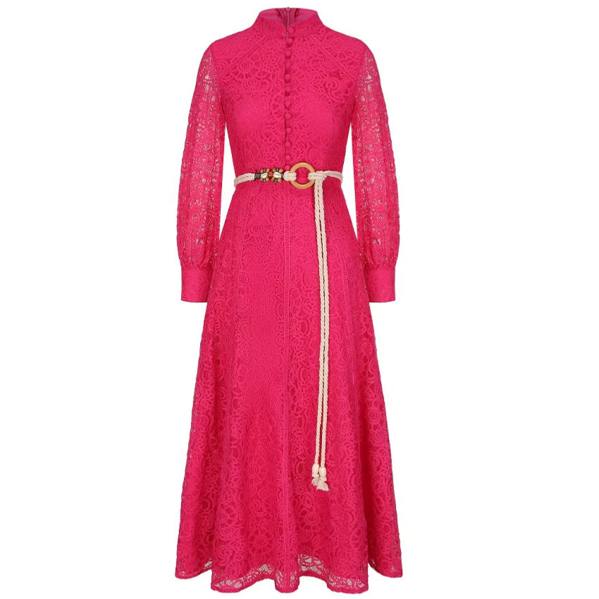 French Vintage Elegant Lace Collar Dress Spring and Autumn Style Waist Tie Design with Flared Skirt Wholesale Available