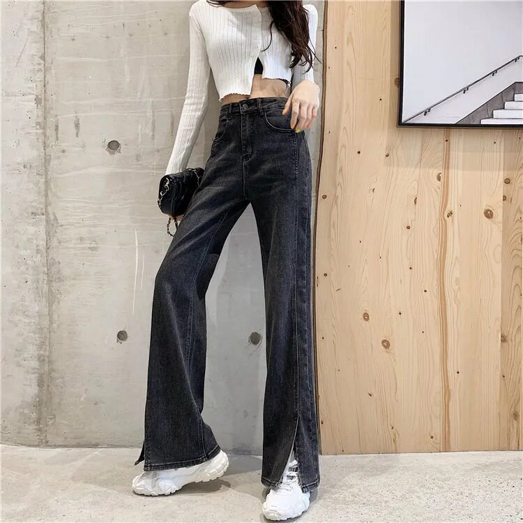 High Waisted Vintage Chic Split Hem Straight Leg Jeans for Women Loose Fit Flattering Soft Draping Casual Everyday