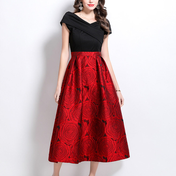 Elegant Womens Dress High End One Shoulder Design Waist Cinching Floral Pattern Flared Skirt Perfect for Formal