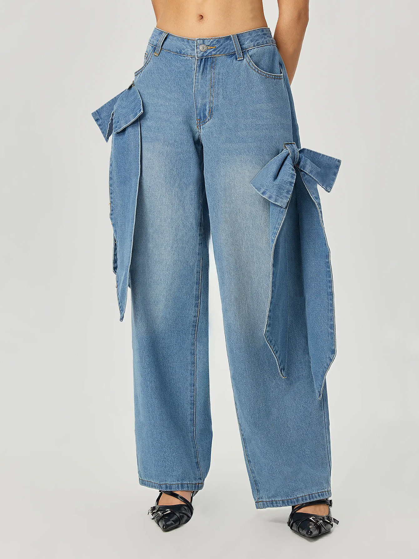 Wide Leg Denim Pants with Bow Detail Street Style Casual Wear Available for Wholesale custom packaging