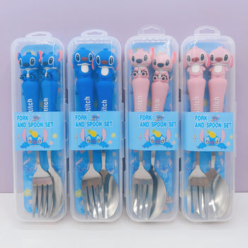 Cartoon Tableware Set Stitch Two-Piece Stainless Steel Spoon and Fork Student Independent Tableware with Storage Box