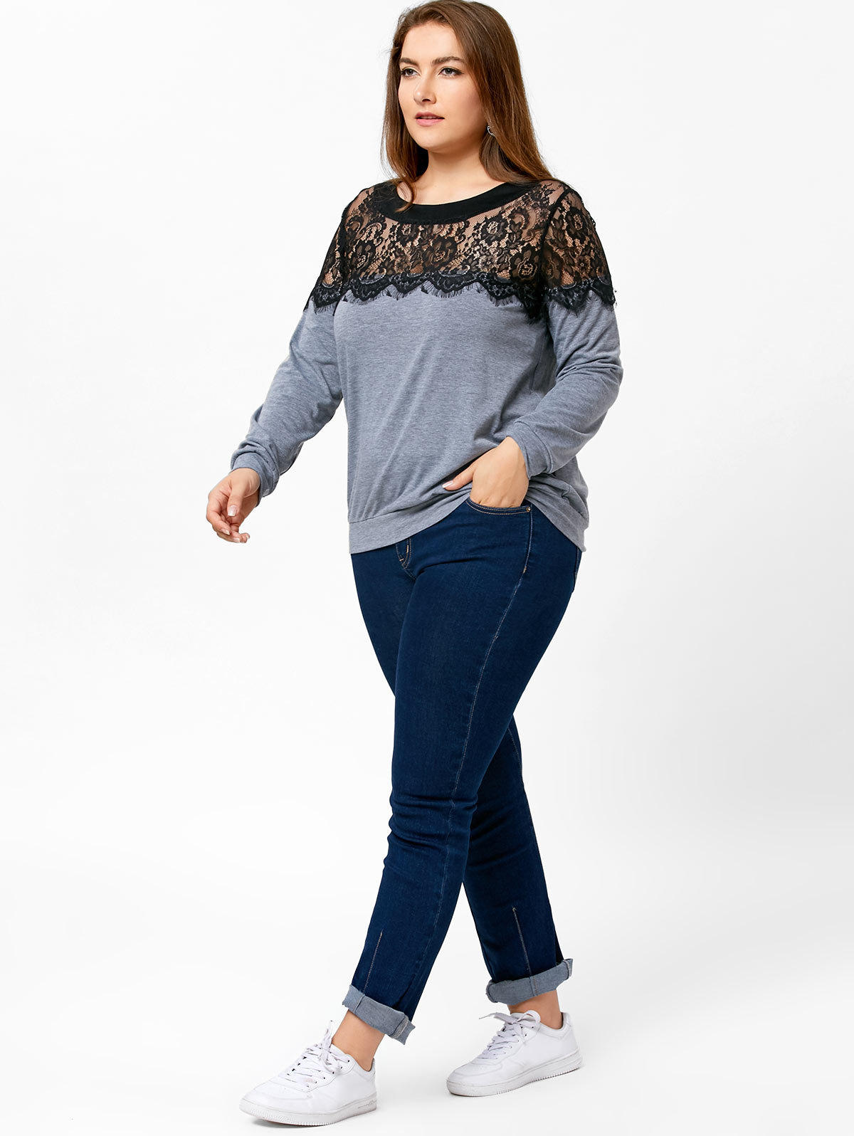 Plus Size Long Sleeve Lace Panel T Shirt Round Neck Stylish Design Comfortable Fabric Casual Wear Wholesale
