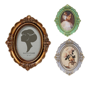 European-style Carved Resin Photo Frame Oval Vintage Antique Photo Frame Wall Hangable Bronze Photo Frame