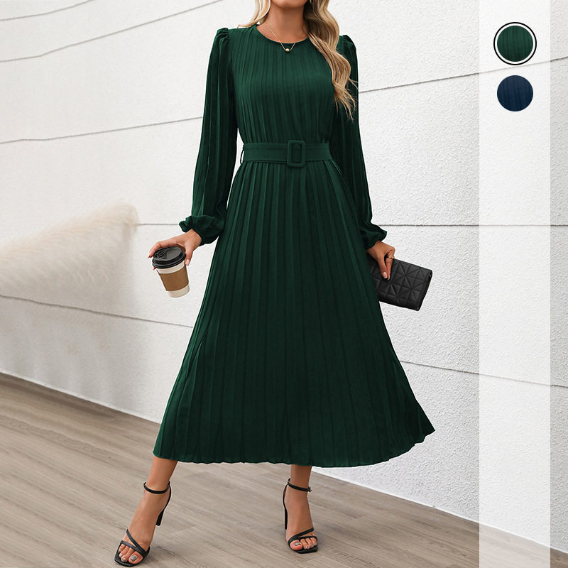 Elegant Vintage Long Sleeve Pleated Dress Solid Color Office Wear Autumn Style Wholesale Available