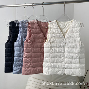 High-Quality Lightweight down Jacket Women's Liner Vest V Neck Inner Wear Bottoming Vest Pure Color 90% White Duck down Dropshipping