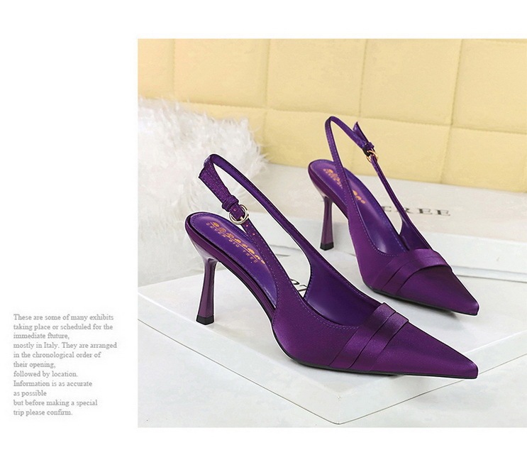 Giày cao gót nữ mũi nhọn chất liệu satin quai hậu hở gót phong cách thanh lịch dự tiệc — Màu đen, Màu đỏ rượu, Màu sâm panh, Màu tím