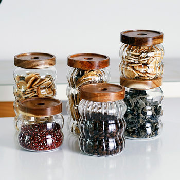 Acacia Wood Lid Kitchen Storage Grain Sealed Storage Jar High Borosilicate Glass Multi-Specification Moisture-Proof Storage Jar