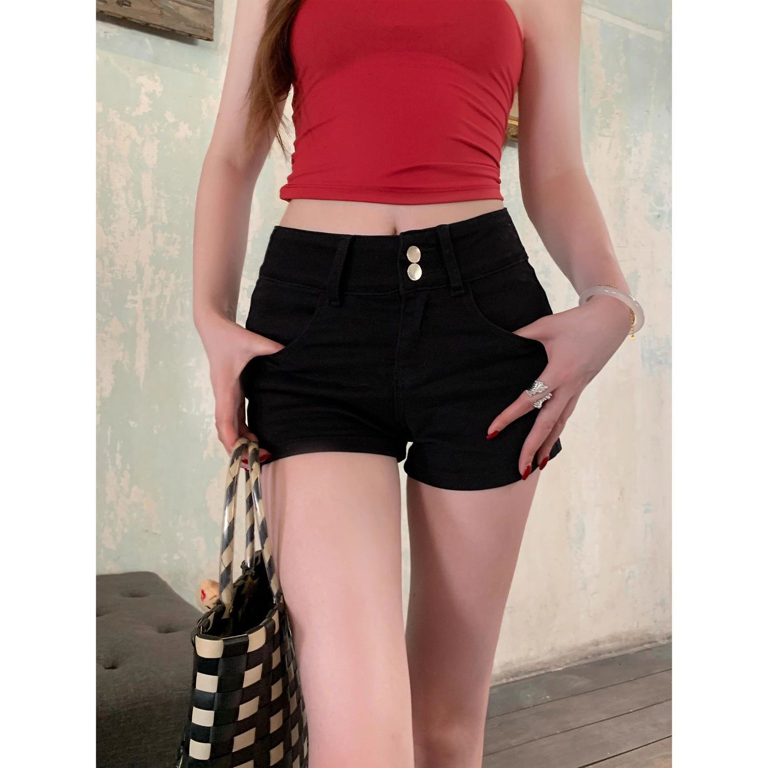 Black High Waisted Denim Shorts for Women Slim Fit Straight Leg Summer Casual Wear
