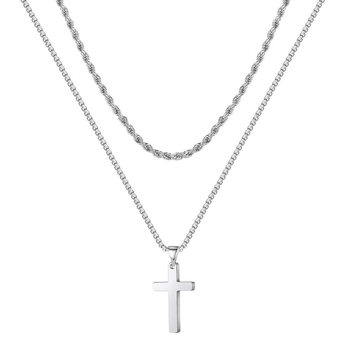 Cross-Border Popular Stainless Steel Twist Chain Snake Bone Chain Cuban Chain Double Layer Cross Pendant Jewelry Titanium Steel Necklace for Men