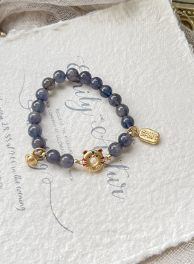 古风原创设计天然水晶手串DIY冰糖堇青石小老虎手链