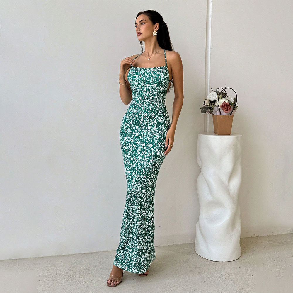 Summer Floral Maxi Dress Sexy Backless Fishtail Design Casual Perfect for Vacations and Music Festivals Wholesale