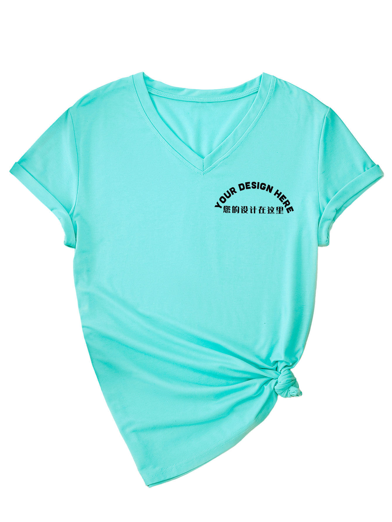 外贸一件制定DIY图案印花外贸欧美现货时尚批量批发女士V领短袖衫
