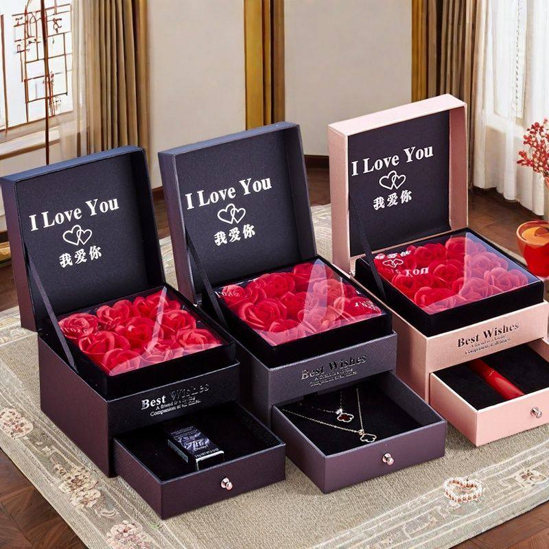Double Layer Rose Box 9 Flowers Drawer Flower Box Lipstick Necklace Ring Valentine's Day Gift Box for Girlfriend's Birthday