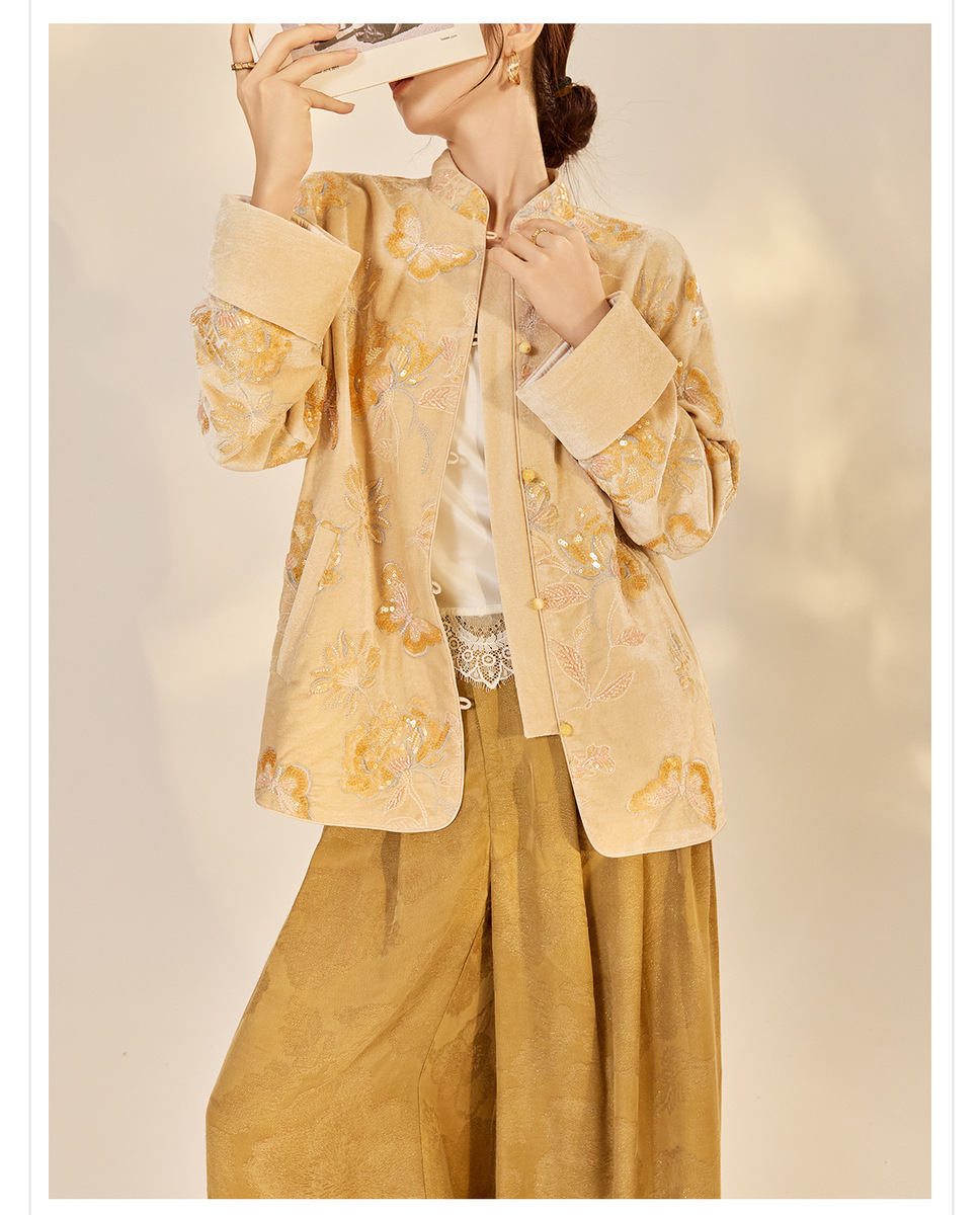Áo khoác nữ cổ đứng dài tay thêu hoa đính kim sa phong cách retro — Màu cam mơ (giao hàng trong 7 ngày), Màu cam mơ (giao hàng trong ngày)