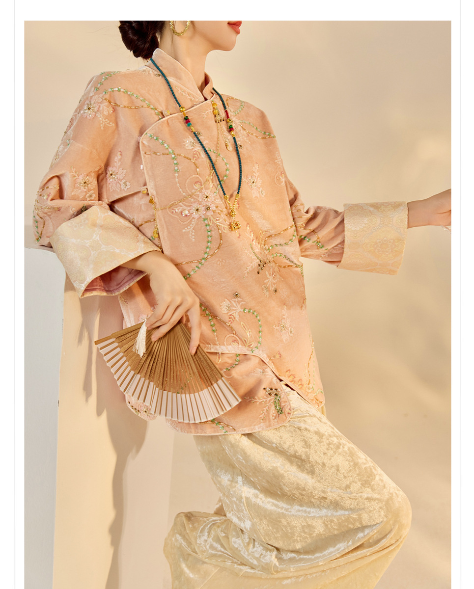 Áo khoác nữ dáng thường thêu hoa đính sequin chất liệu satin — màu hồng