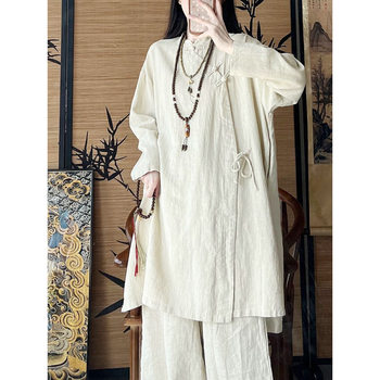 Cotton and Linen Women's Clothing, New Chinese Style Hanfu Button-Down Shirt, Tang Suit Top, Buddhist Zen Chinese Style Tea Suit