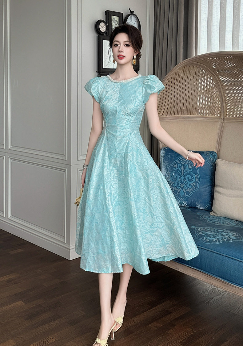 Đầm maxi nữ cổ vuông tay ngắn dáng chữ A — [Xanh nhạt] chi tiết 6