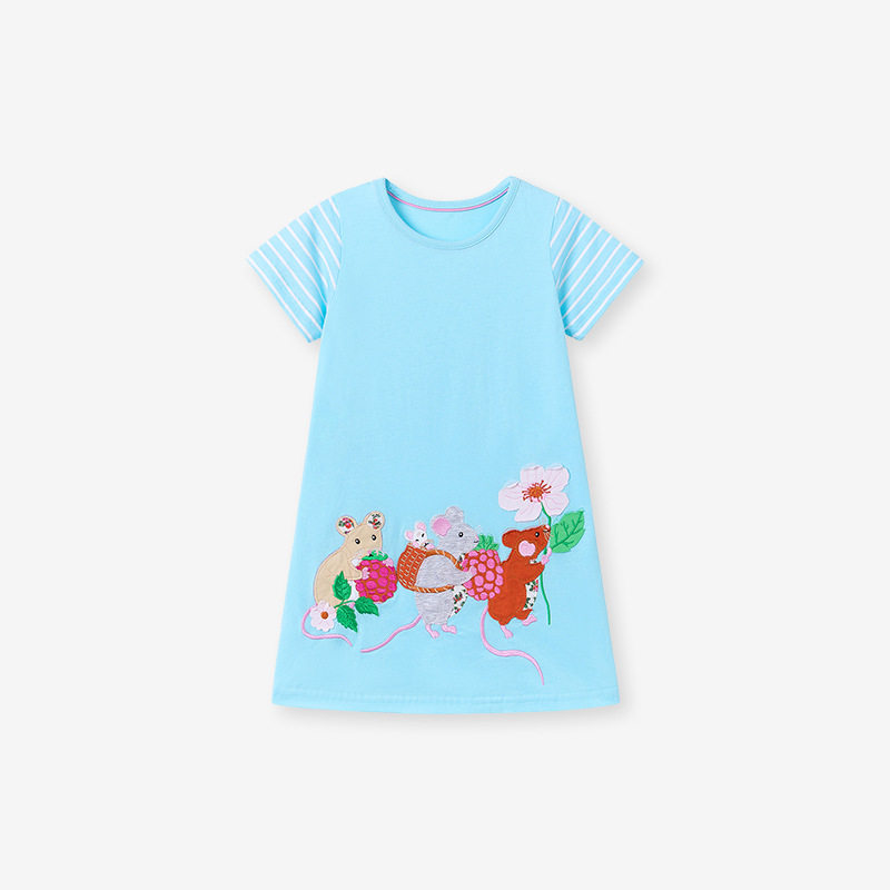 Girls' Cartoon Short-Sleeve Dress, Summer Cotton Kids' Dress