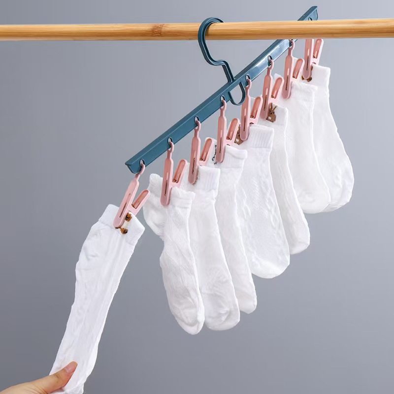 Multifunctional 8-Clip Clothes Hanger for Underwear and Socks, Plastic Straight Rod with Multiple Heads, Two-Color Windproof Clips, Children's Clothes Drying Rack