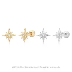 European and American Cross-Border S925 Sterling Silver Earrings, Eight-Pointed Star Screw Earrings, Octagonal Star Zircon Piercing Jewelry, Trendy Style