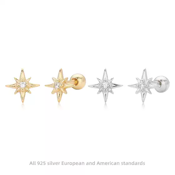 European and American Cross-Border S925 Sterling Silver Earrings, Eight-Pointed Star Screw Earrings, Octagonal Star Zircon Piercing Jewelry, Trendy Style