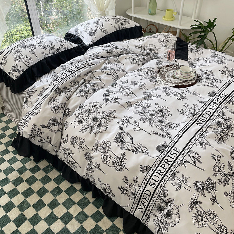 Korean style romantic washed cotton four-piece set thickened autumn and winter brushed Korean style Hepburn style Plaid series dormitory home