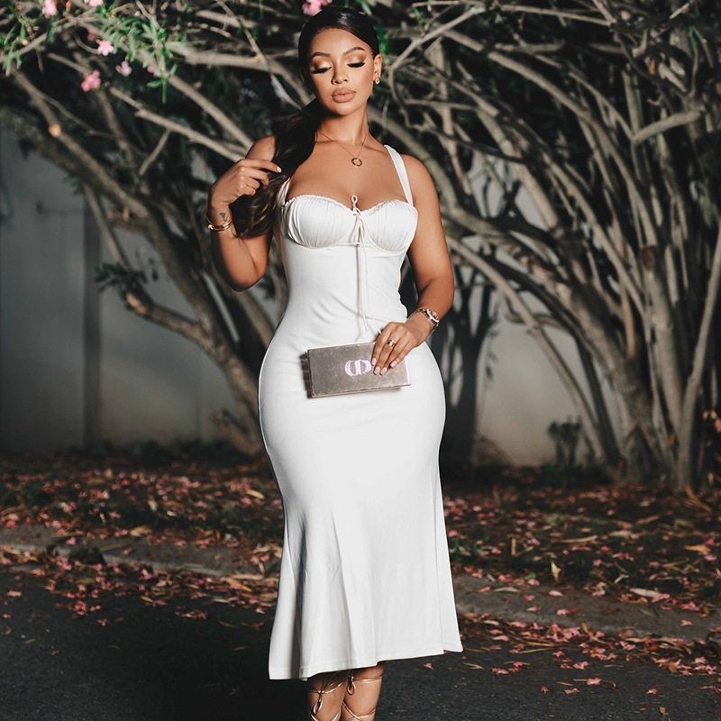 Elegant Womens Fishtail Dress Sleeveless Slim Fit Off Shoulder Solid Color Perfect for Parties and Formal Events
